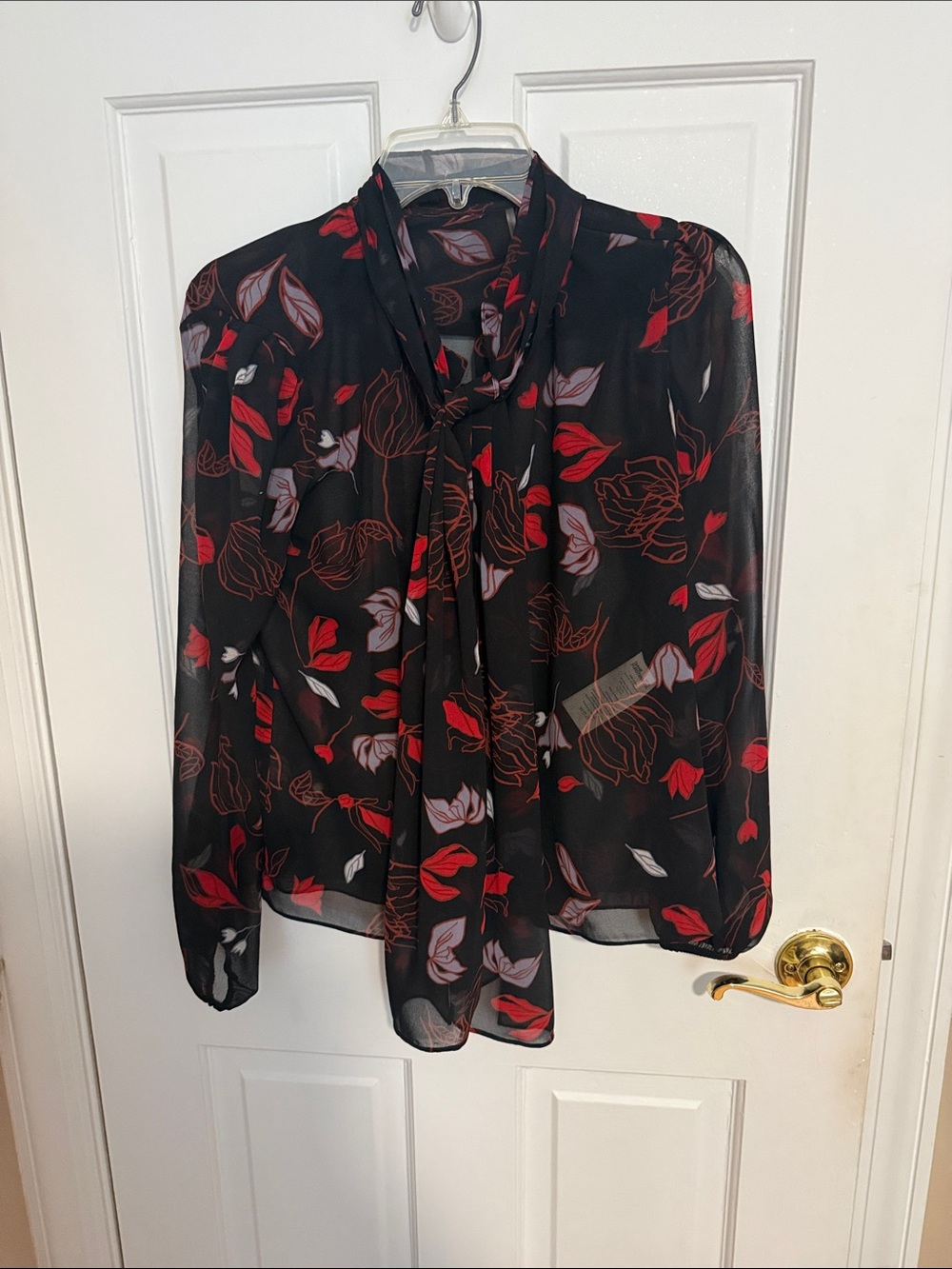 Diane von Furstenburg Sheer Black Floral Tie-Neck Blouse - Red & Pink Accents